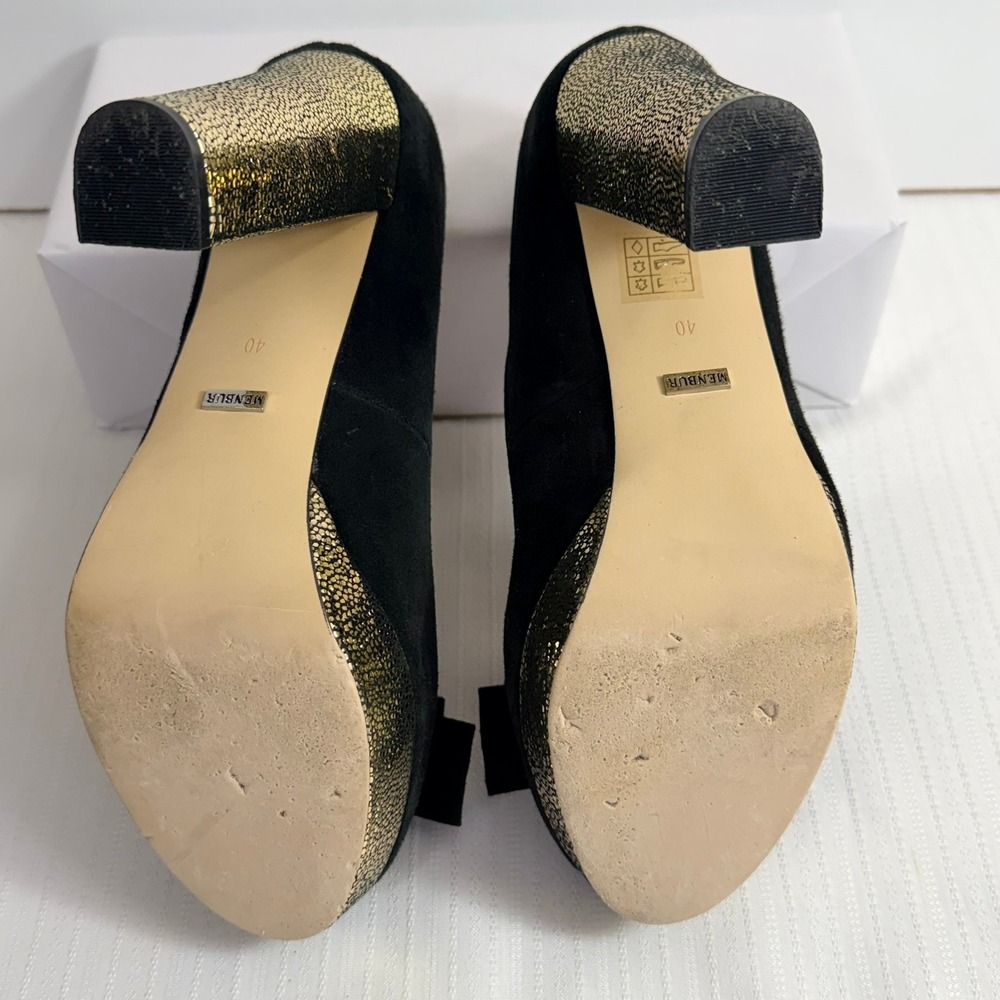 Menbur Womens Heels 40 Suede Peep Toe Platform Bow Gold Block Heel Black - Picture 5 of 7